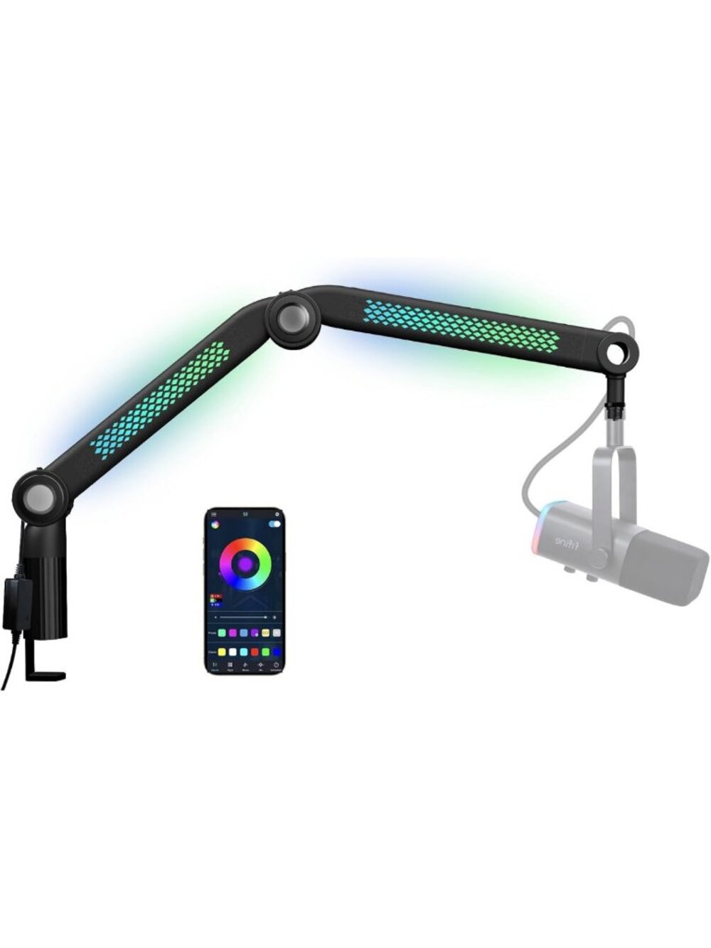 Adjustable RGB Mic Boom Arm with Rhythm Lighting for Podcasting & Streaming